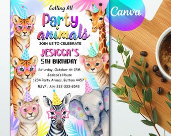 Animals Birthday Party, Animals Birthday Invitation Pastel Rainbow Cheetah Print Leopard Print Wild Safari Animals Birthday Party
