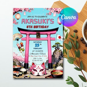 May include: A colorful invitation for Akasuki's 8th birthday, featuring a pink torii gate, Japanese food illustrations, and a fox mask. The text reads "Join us to celebrate Akasuki's 8th Birthday" with the date and time.