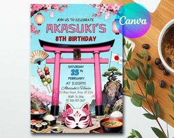 May include: A colorful invitation for Akasuki's 8th birthday, featuring a pink torii gate, Japanese food illustrations, and a fox mask. The text reads "Join us to celebrate Akasuki's 8th Birthday" with the date and time.