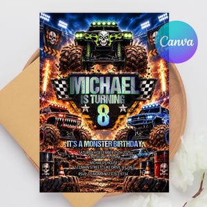 Op de afbeelding: Een monster truck verjaardagsuitnodiging met een groene truck met schedelafbeelding, een rode truck en een blauwe truck op een modderbaan. De tekst luidt: MICHAEL IS TURNING 8, IT'S A MONSTER BIRTHDAY, SATURDAY, DECEMBER 25TH 2025, 2:00 PM - 4:00 PM, MICHAEL'S HOUSE, 123 MAIN STREET, LIKE DRIVE, AT 2463, RSVP: TO MOM AT 123-763-9734.