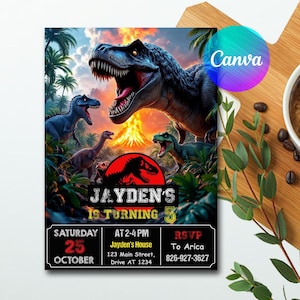 May include: A vibrant invitation featuring a Tyrannosaurus Rex with a volcano backdrop. The invitation includes the text "JAYDEN'S IS TURNING 5" and event details: Saturday, October 25, 2-4 PM, Jayden's House, and RSVP information.