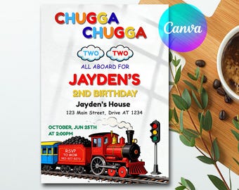 Invitación de cumpleaños editable de tren, invitación digital de tren, descarga digital, invitación imprimible. Invitación de cumpleaños para todos los chicos.