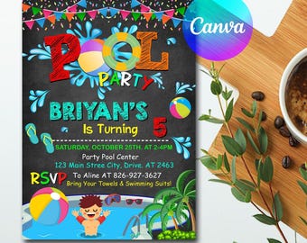 Editable Pool Party Birthday Invitation Neon Glow Swim Invite for Boys Blue Green Pool Birthday Canva Template Digital Download Evite Boy