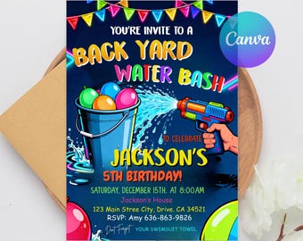 Water Balloon Birthday Invitation, Water Balloon Invite, Editable Canva Template, Summer Pool Party Kids Invite, Backyard Splash Water Card