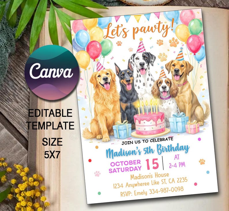 Editable Dogs Birthday Party Invitation, Dog Invitation, Puppy Birthday ...