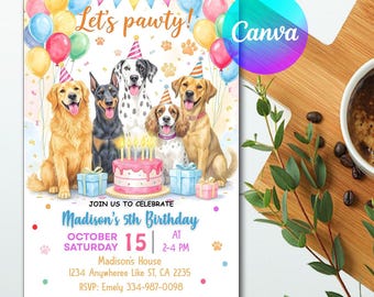May include: A colorful invitation for a dog-themed birthday party. The design features illustrations of five dogs wearing party hats, a birthday cake, balloons, and gift boxes. Text includes "Let's pawty!" and details for Madison's 5th birthday.