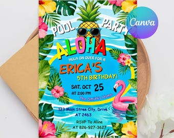 Convite de Aniversário para Festa na Piscina Aloha – Modelo Editável de Luau de Verão, Convite Imprimível para Festa Havaiana na Praia, Convite para Festa Luau com Abacaxi para Crianças