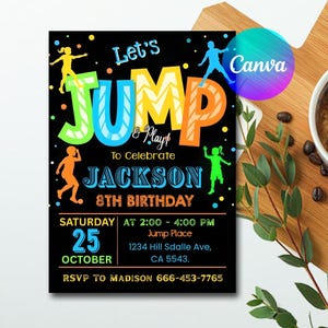 Jump Party Invitation, Jump Birthday Invite, Let's Jump Party, Editable Jump Invitation, Trampoline Party Invite, Canva Template