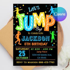 Invitación a fiesta de salto, invitación de cumpleaños de salto, fiesta de salto, invitación editable de salto, invitación a fiesta de trampolín, plantilla de Canva