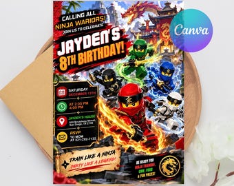 May include: A rectangular birthday invitation card featuring colorful ninja characters in action poses with fire and lightning effects. The text reads: CALLING ALL NINJA WARRIORS! JAYDEN'S 8TH BIRTHDAY! SATURDAY DECEMBER 13TH, AT 2:00 PM, JAYDEN'S HOUSE, RSVP TO MOM.