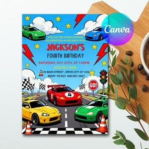 May include: A colorful birthday invitation with race cars. The invitation reads "Jackson's Fourth Birthday" with event details. The design includes race cars, checkered flags, and a "Go!" sign, set against a blue sky background.
