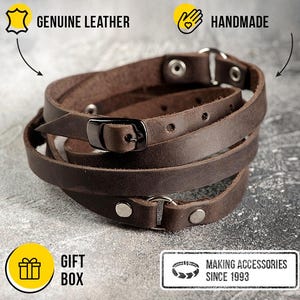 Leather Wrap Bracelet 5 Turns, Black Unisex Bracelet, Punk Biker Style, Metal Hardware, Handmade