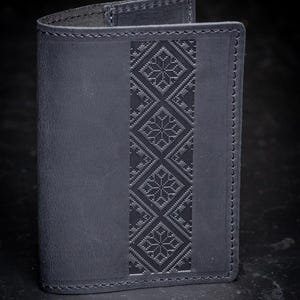 Leather Passport Cover, Black Handmade Embossed Document Case, Vintage ID Holder, Geometric Pattern Tanned Leather Charm