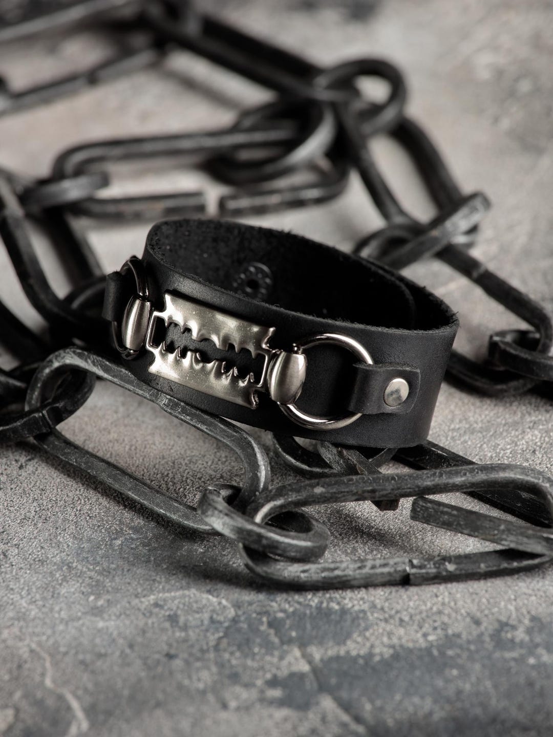 Personalized Black Leather Cuff Bracelet, Razor Accent, Engraved Mens ...