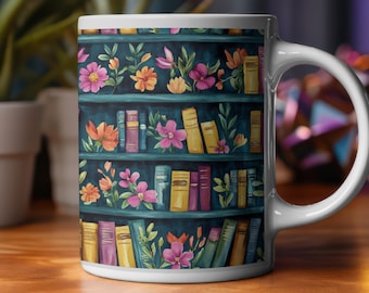 Bookshelf Decor Mug, Bookish Coffee Cup, Literary Aesthetic Gift, Reader Ceramic Mug
