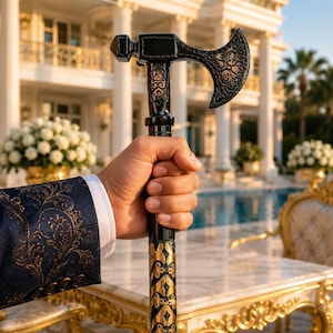 May include: A black and gold decorative axe with an ornate handle and a polished blade featuring intricate floral engravings. The axe head includes a hammer-like poll on the back, and the shaft is adorned with detailed gold patterns throughout.