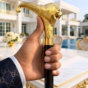 Lion Head Walking Cane - Gold Brass Handle, Handmade Wooden Stick