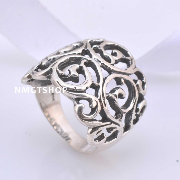 Sterling Silver Filigree Ring, Wide Band Ornate Scrollwork, Vintage Style