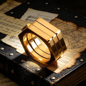 May include: A gold-coloured, geometric ring with a square design. The ring is composed of multiple stacked bands, creating a layered effect. The ring is displayed on a vintage book with sheet music and a map.