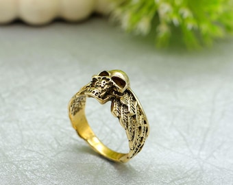Gold Tone Gothic Skull Wing Ring, Biker Statement Jewelry