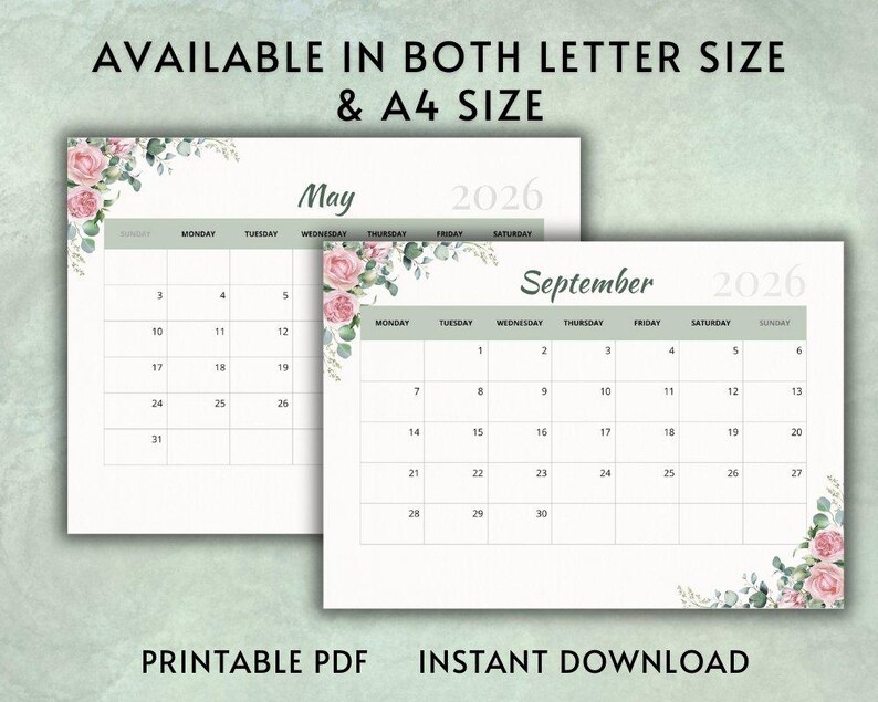 2026 Calendar Printable, 2026 Monthly Calendar | Sunday Start &amp; Monday ...