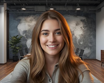 May include: A woman with long, light brown hair smiles at the camera. She is wearing a light-colored top. The background is an office setting with a world map, a wooden cabinet, and a plant.