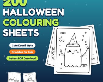 May include: A digital collection of 200 Halloween coloring sheets featuring black and white line art of ghosts, bats, and candy. The text reads 200 HALLOWEEN COLOURING SHEETS, Cute Kawaii Style, Printable for Kids, and Instant PDF Download.