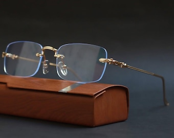 Rimless Rectangle Eyeglasses Lightweight Luxury Frame Unisex Vintage Style Eyewear