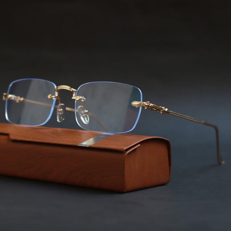 thumbnail image 2 of Vintage Gold Frame Rimless Rectangle Eyeglasses - Clear Tint Square Lens, UV400 2 of 5