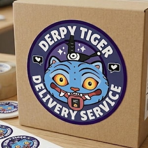 May include: A brown cardboard shipping box featuring a circular sticker with a blue tiger face, yellow eyes, and a tongue sticking out. The text reads DERPY TIGER DELIVERY SERVICE. A sheet of matching circular stickers is visible in the foreground.