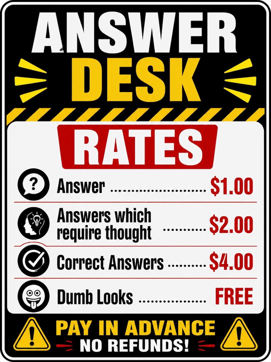 Funny Answer Desk Rates Sign Vinyl Decal, Pay in Advance No Refunds ...