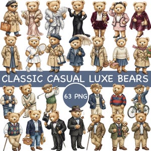 Puede incluir: Una colección de ilustraciones en acuarela de osos de peluche vestidos con varios atuendos. Los osos están representados con atuendos clásicos e informales, incluyendo abrigos, vestidos y trajes. Se muestra el texto "CLASSIC CASUAL LUXE BEARS".