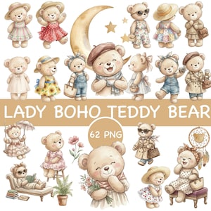 May include: A collection of watercolor illustrations featuring teddy bears in various outfits and poses. The bears are depicted with accessories like hats, sunglasses, and dresses. The text "LADY BOHO TEDDY BEAR" is displayed prominently, along with "62 PNG".