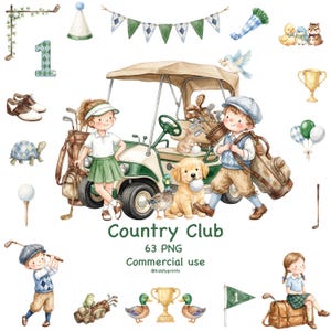 Puede incluir: Una colección digital de ilustraciones en acuarela con temática de golf que incluye un carrito de golf, niños con ropa de golf, palos, bolsas, trofeos, animales y decoraciones con el texto Country Club 63 PNG Commercial use.