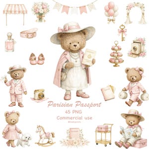 Clipart de Ursinho de Pelúcia com Passaporte Parisiense, PNG para Chá de Bebê Rosa e Dourado, Decoração Vintage de Quarto de Bebê com Tema de Viagem, Estética Grand Tour Preppy Old Money