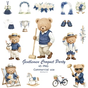 May include: A collection of watercolour illustrations featuring teddy bears dressed in smart attire, engaged in croquet and other leisurely pursuits. The image includes a croquet mallet, a bicycle, a rocking horse, and floral arrangements. Text reads "Gentlemen Croquet Party".