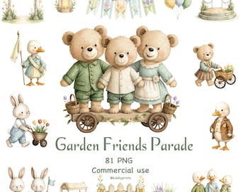 Clipart de desfile de jardín de primavera, paquete PNG de acuarela de conejito, oso, ganso y amigos, arte de pared para guardería, diseños DIY para baby shower, jardín caprichoso