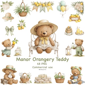 Puede incluir: Ilustraciones en acuarela con osos de peluche, limones y arreglos florales. El texto "Manor Orangery Teddy" y "Commercial use" también está presente. Las ilustraciones tienen una paleta de colores pastel.