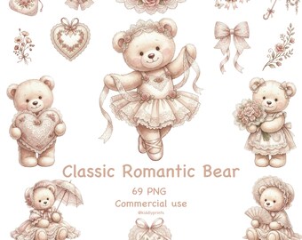 Clipart clássico de urso romântico em aquarela, ursinho de renda vintage em PNG, arte de festa de chá vitoriana, gráficos de coquete rosa-pó, ursinha de luxo para bebê menina.
