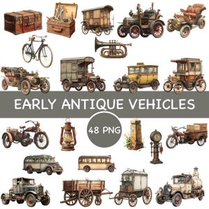 Puede incluir: Ilustración en acuarela de varios vehículos antiguos, incluyendo coches, camiones, un autobús y una motocicleta. También incluye una bicicleta, una trompeta, una linterna y una caja de herramientas. Se muestra el texto "EARLY ANTIQUE VEHICLES".