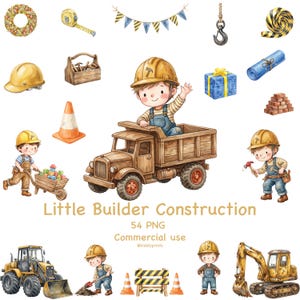 Peut inclure: Illustration à l'aquarelle sur le thème de la construction. Comprend un camion benne, des ouvriers du bâtiment, des outils, une brouette, un cône de signalisation et une excavatrice jaune. Le texte indique "Little Builder Construction".