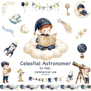 May include: Watercolor illustration of a celestial theme. A child in a nightcap reads a map while sitting on a cloud. Other elements include a rocket, balloons, stars, a telescope, and the text "Celestial Astronomer".