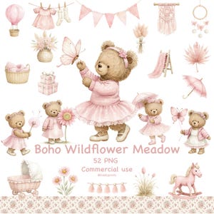 Könnte beinhalten: Aquarell-Illustration mit rosa Thema, mit Teddybären in Kleidern, einem Heißluftballon, einem Kinderwagen und floralen Akzenten. Der Text lautet "Boho Wildflower Meadow" und "52 PNG Commercial use".