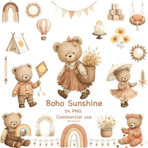 May include: Watercolor illustrations of teddy bears, rainbows, and other boho-themed elements. The image includes a hot air balloon, a cake, sunflowers, and a teepee. The text "Boho Sunshine" is displayed.