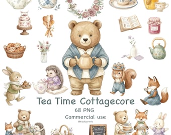 Tea Time Cottagecore Woodland Clipart, Cozy Tea Party Animals Watercolor PNG, Watercolor Tea Time Clipart - Cottagecore Animal- 64 PNG Files