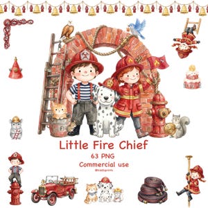 Puede incluir: Ilustración en acuarela con temática de bomberos. Incluye dos niños con uniformes de bombero, un dálmata, una boca de incendios y un camión de bomberos antiguo. Se muestra el texto "Little Fire Chief".