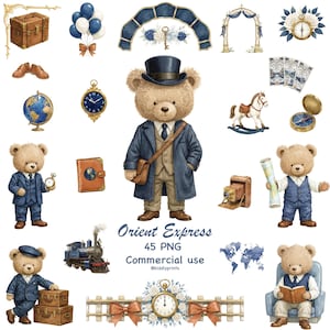 May include: A collection of watercolour illustrations with a travel theme, including a teddy bear in a blue coat and hat, a globe, and a vintage camera. The image includes the text "Orient Express".