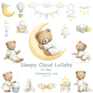 May include: Watercolor illustrations of a sleepy teddy bear on a crescent moon, clouds, stars, and a hot air balloon. The text "Sleepy Cloud Lullaby" is displayed. The image has a soft, pastel color palette, perfect for nursery decor.