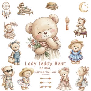 Puede incluir: Ilustraciones de acuarela de osos de peluche en varias poses y atuendos. Los osos están representados con accesorios como gafas de sol, sombreros y vestidos. La imagen incluye el texto "Lady Teddy Bear" y "62 PNG Commercial use".