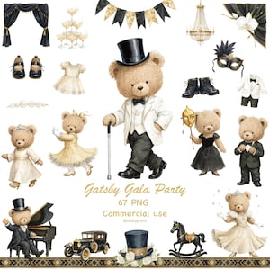 May include: Watercolor illustrations of teddy bears in formal attire, including a top hat, tuxedo, and dresses. The image includes a piano, vintage car, and decorative elements, with the text "Gatsby Gala Party".